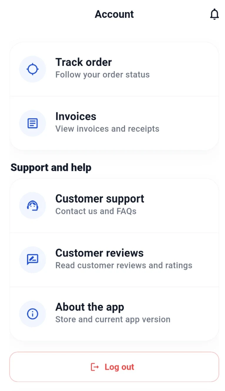 Customer App account tools screen